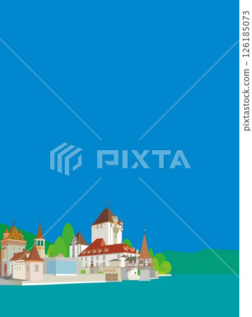 奧伯霍芬城堡，Schloss Oberhofen，圖恩湖，瑞士，春天的景色 126185073