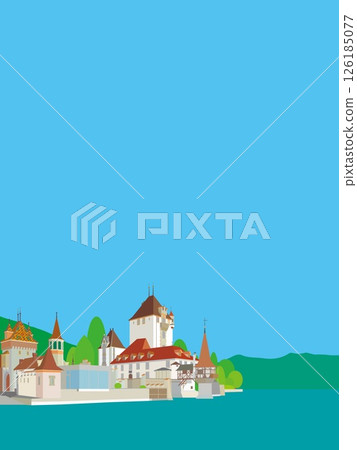 奧伯霍芬城堡，Schloss Oberhofen，圖恩湖，瑞士，春天的景色 126185077