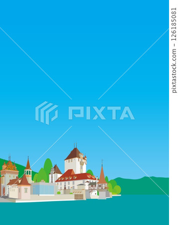 Oberhofen Castle, Schloss Oberhofen, Lake Thun, Switzerland, Spring scenery Oberhofen Castle, Schloss Oberhofen, Lake Thun, Switzerland, Spring scenery 126185081