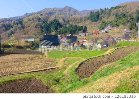 Kamiseya rice terraces and rural village (cherry blossom and fresh green season) / Kamiseya Plateau / Miyazu City, Kyoto Prefecture / Top 100 Japanese Villages 126185330