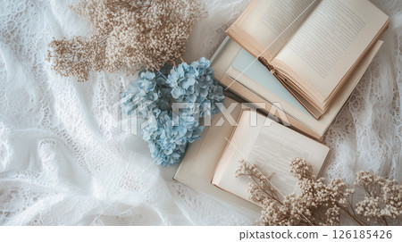 Antique goods and blue dried flowers (Generative AI) 126185426