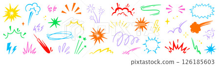 Cartoon comic element speed effect doodle line set. Comic boom motion, explosive energy, line speed cartoon vector graphic icon. Hand drawn cute sketch doodle effect. Vector 126185603
