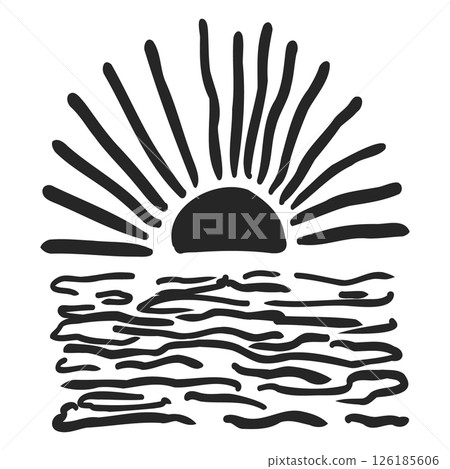 Hand drawn groovy sunset with waves hand drawn. Coastal relaxed retro minimal print. Boho silhouette sun tropical. Hand drawn groovy sunset with waves hand drawn. Coastal relaxed retro minimal print. Boho silhouette sun tropical. 126185606