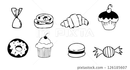 Dessert doodle icon set, breakfast bun, donut cupcake and candies sketch hand drawn. Line sweet food scribble texture cafe menu decorations. 126185607