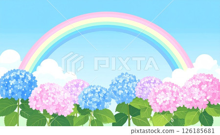 Landscape painting of a rainbow and hydrangeas after the rain 126185681