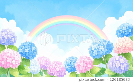 Landscape painting of a rainbow and hydrangeas after the rain 126185683