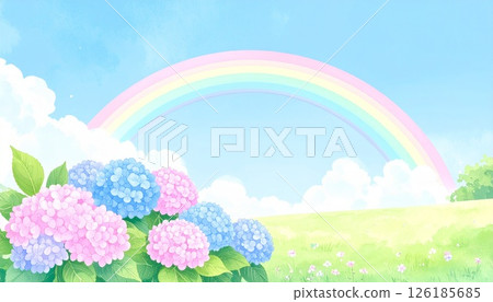 雨後彩虹和繡球花的風景畫 126185685