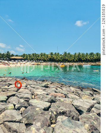 Vertical beach shot in Vietnam showing rocky shoreline with a lifebuoy in foreground. Crystal clear water, distant swimmers, palm trees and horizon 126185819