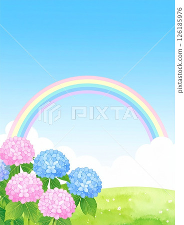 Landscape painting of a rainbow and hydrangeas after the rain 126185976