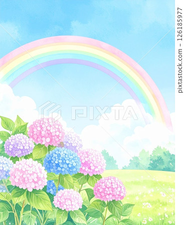 Landscape painting of a rainbow and hydrangeas after the rain 126185977