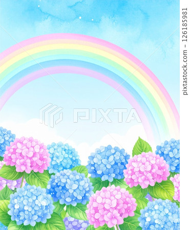 Landscape painting of a rainbow and hydrangeas after the rain Landscape painting of a rainbow and hydrangeas after the rain 126185981