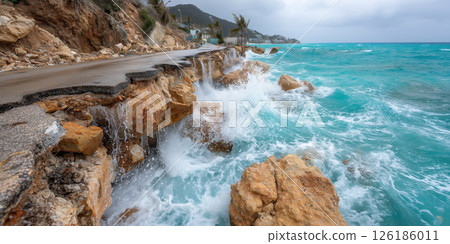 Collapsed seawall, ocean erosion, stormy weather, turquoise water, damaged road, dramatic scene 126186011