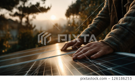 Hands touching solar panel in sunlight outdoor setting, sustainable energy with warm atmosphere Hands touching solar panel in sunlight outdoor setting, sustainable energy with warm atmosphere 126186253