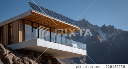 Modern solar panels on luxury mountain chalet with glass balcony, wood, and concrete exterior 126186256