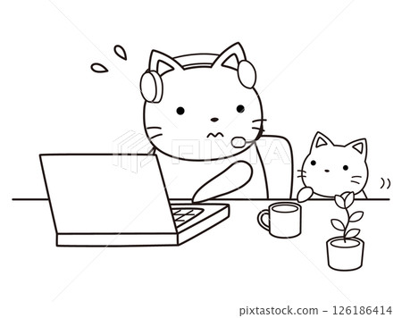 Cat raising a child while working remotely - Line drawing 126186414
