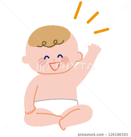 Smiling baby sitting with one hand raised, whole body Smiling baby sitting with one hand raised, whole body 126186583