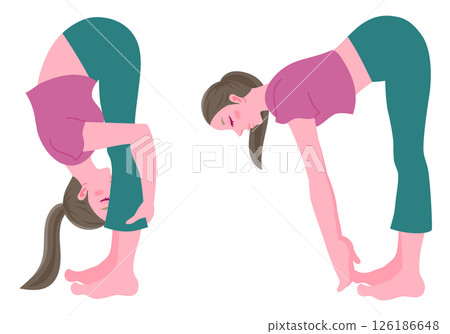 一位女士做站立前彎瑜珈姿勢的向量插圖（兩種類型：深前彎和淺前彎） 126186648