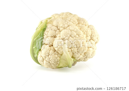 A vibrant cauliflower, captured in a studio setting on a bright white backdrop. 126186717