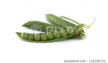 Close-up of fresh green peas spilling from their pods on a clean, white backdrop. Close-up of fresh green peas spilling from their pods on a clean, white backdrop. 126186720