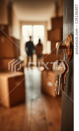 New home keys in door with moving boxes and people in background, symbolizing fresh start New home keys in door with moving boxes and people in background, symbolizing fresh start 126186807