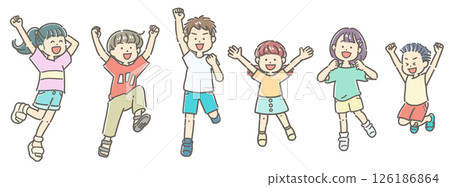 一組精力充沛的孩子跳躍的插圖 一組精力充沛的孩子跳躍的插圖 126186864