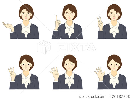 Illustration set of a woman in a blue suit showing numbers with her fingers 126187708