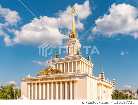 The main pavilion of VDNKh. Pavilion No. 1 Central at the Exhibition of Achievements of the National Economy in Moscow. 126187723