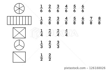 educational illustration designed to teach fractions, featuring five simple shapes, circle, rectangle, square, divided into various equal parts, math fractions graphic, learning fractions educational illustration designed to teach fractions, featuring five simple shapes, circle, rectangle, square, divided into various equal parts, math fractions graphic, learning fractions 126188026