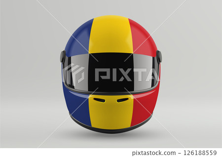 Front view of racing helmet featuring Romania flag colors Front view of racing helmet featuring Romania flag colors 126188559