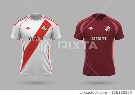 3d realistic soccer home and away jersey in River Plate style, football kit template 126188839