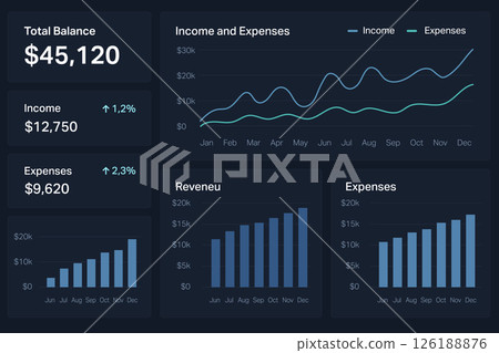 Professional financial dashboard with charts and performance metrics 126188876