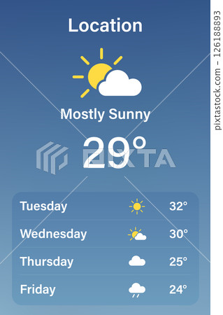 Weather App Interface Showing Forecast, Temperature, and Icons 126188893