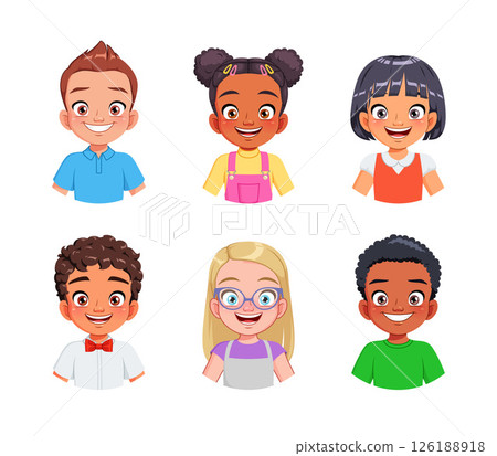 Cute cartoon children faces of different ethnicities boys and girls. Vector illustration collection. Cute cartoon children faces of different ethnicities boys and girls. Vector illustration collection. 126188918