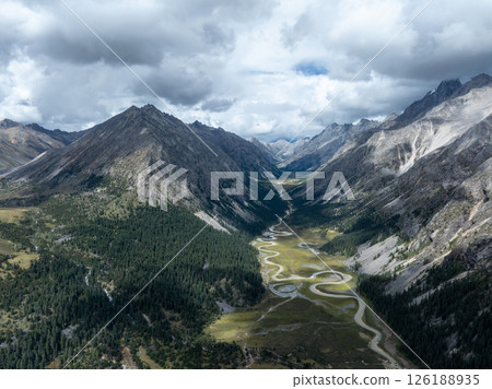 High altitude grassland and snow capped mountain in Sichuan, China 126188935