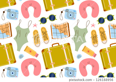Seamless pattern on womens travel theme. Summer accessories, suitcase, sneakers, swimsuit, sunglasses, and travel pillow. Stylish and bright holiday vector illustration, female vacation icons 126188956