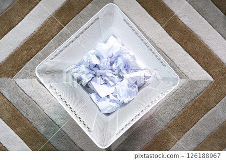 Throwing many crumpled paper ball into black garbage at the office. Its can use recycle or reuse. Animation video 4K style, Recycle concept. 126188967