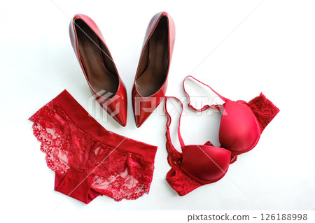 Modern stylish fashion accessories women's Luxury dresses Red bra and red high heels Beautiful woman's dress 126188998