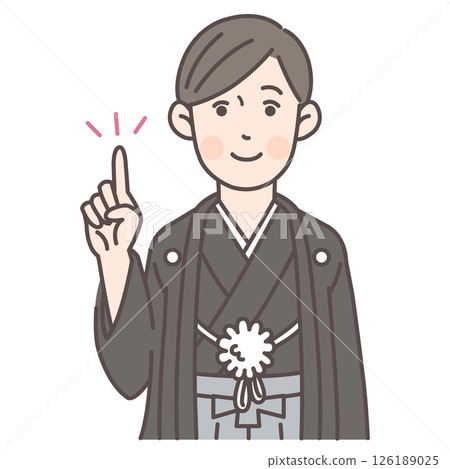 A man in a crested hakama pointing 126189025