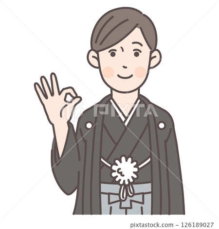 A man in a hakama with a crest giving an OK sign 126189027