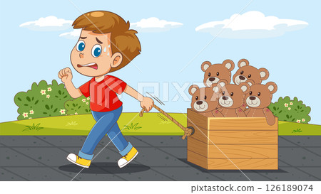 Boy Pulling Cart of Teddy Bears Outdoors 126189074