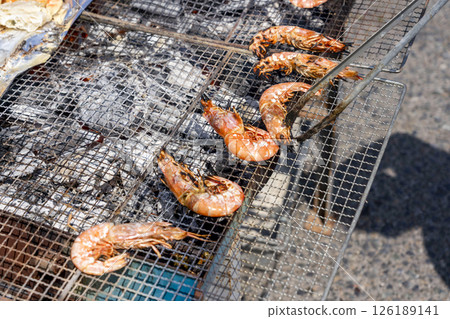 Red shrimp BBQ grilled over charcoal 126189141