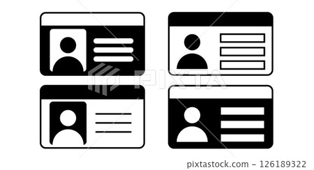 Line style driver license and identity card icons in black and white for official identification graphic designs digital ID systems and web or app interfaces 126189322