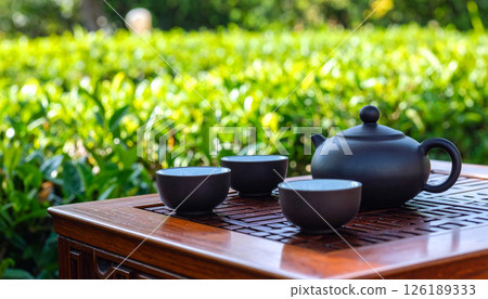 traditional Chinese tea set, including a dark teapot and two small cups, arranged on a wooden tea table, green garden, suggesting a peaceful outdoor tea ceremony, teapot and cups outdoor 126189333