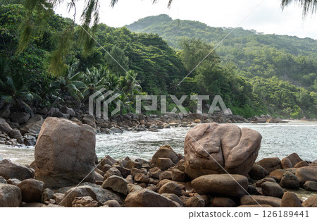Scenic coastal view of La Digue Island, Seychelles, with a rocky shoreline, tropical palm trees 126189441