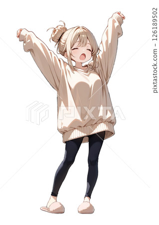 穿著休閒服的女孩打哈欠並伸懶腰 126189502