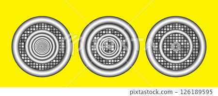 Concentric silver circles and grid mosaic on yellow background. Retro optical illusion style design Concentric silver circles and grid mosaic on yellow background. Retro optical illusion style design 126189595
