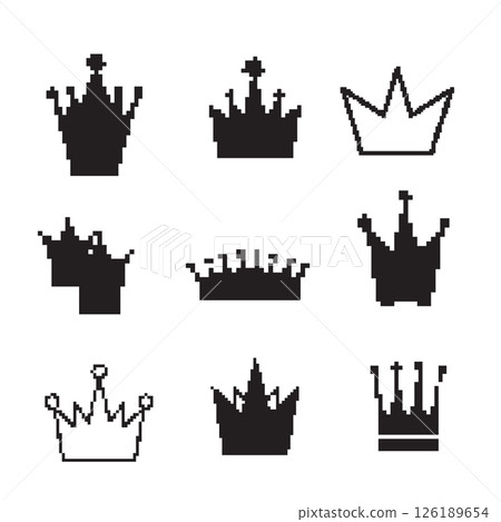 Pixel art crown, 8 bit king icon, retro style queen symbol, minimalist princess tiara mosaic Pixel art crown, 8 bit king icon, retro style queen symbol, minimalist princess tiara mosaic 126189654