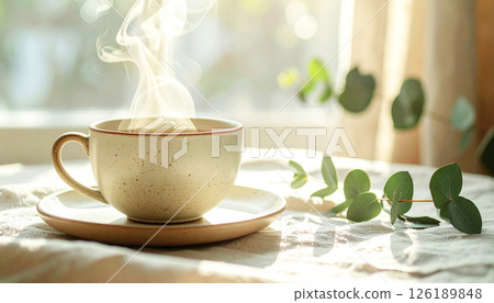 a handcrafted ceramic teacup sitting on a linen-covered table, bathed in soft morning window light. Visible steam rises from the hot beverage, steaming teacup, morning tea 126189848