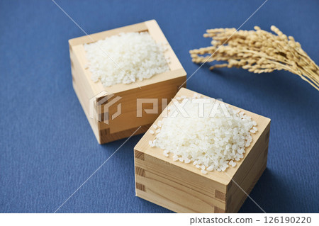 Ears of rice and rice in a measuring box 126190220