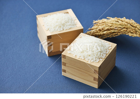 Ears of rice and rice in a measuring box 126190221